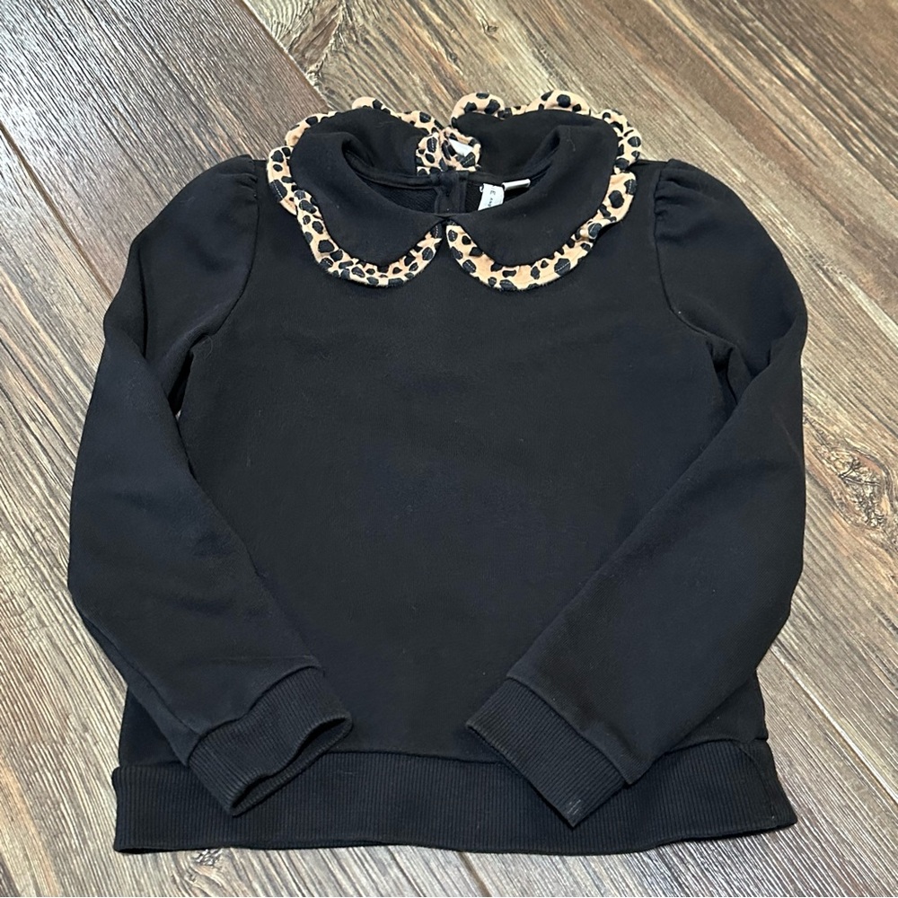 Janie & Jack black leopard ruffle Peter Pan collar sweatshirt girls 8